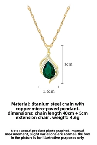 Detail view of water drop green crystal necklace with gold titanium steel dimensions