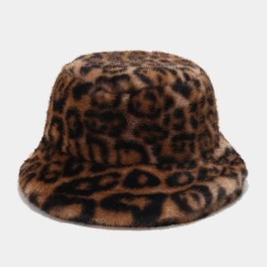 Winter leopard print faux fur bucket hat with thick warm fluffy texture and stylish design
