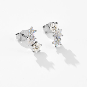 S925 silver flower stud earrings with elegant white pearls and iridescent opal stones
