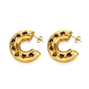 Pair of 18K gold plated stainless steel C-shaped earrings with hollow heart pattern
