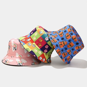 Kids cotton sun hats featuring panda, rainbow, and lion prints in pink and blue colors