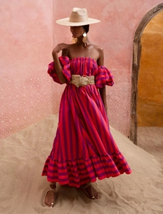 Detail of oversized orange stripe puff sleeve beach maxi dress with straw belt and hat