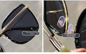 Detailed macro view of high-quality metal temples and comfortable silicone nose pads