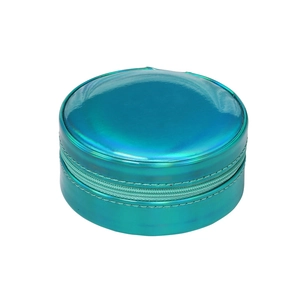 Iridescent cyan round jewelry storage box with zipper made of high-quality PU leather