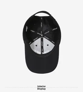 Detail view of the black baseball cap interior featuring Sport-lettered taped seams