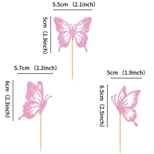 Pink glitter 3D butterfly cake toppers set with detailed size dimensions in inches