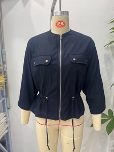 Navy blue linen blend utility jacket with drawstring waist and metal button chest pockets