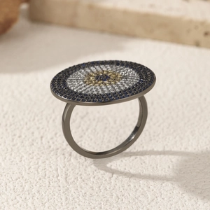 S925 Sterling Silver Evil Eye Ring featuring black gold finish and tricolor gemstones