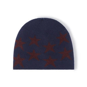 Bonnet en tricot bleu marine à motif étoiles rouges avec doublure polaire chaude