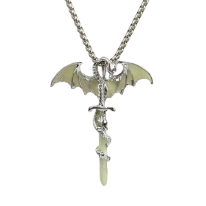 Luminous dragon wrapping around sword pendant necklace in vintage silver finish