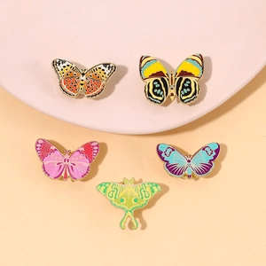 Set of five colorful enamel butterfly and moth pins in gold zinc alloy for women