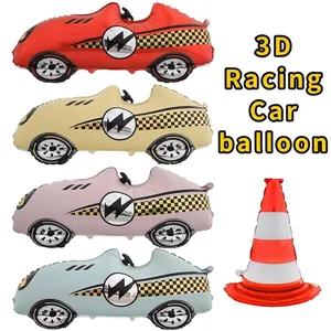 3D racing car foil balloons set with checkered flags for themed party decorations
