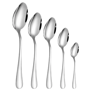 Five assorted sizes of polished stainless steel spoons set on a white background