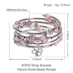 Pink zebra jasper layered wrap bracelet with clover charm and silver beads, 2.56-inch diameter
