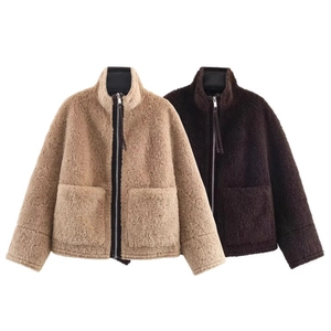 Chaqueta De Piel Sintética Para Mujer Cuello Alzado Abrigo De Felpa Sherpa Con Bolsillos Ropa De Abrigo Casual