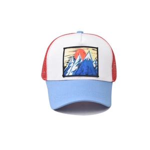 Three-color mesh trucker hat with snow mountain patch and curved light blue brim