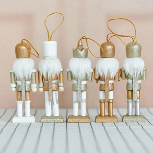 Set di 5 ornamenti schiaccianoci in legno con glitter oro e argento per albero di Natale