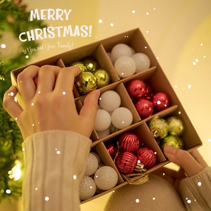 Christmas tree ball ornaments set with glitter and matte textures in a holiday gift box