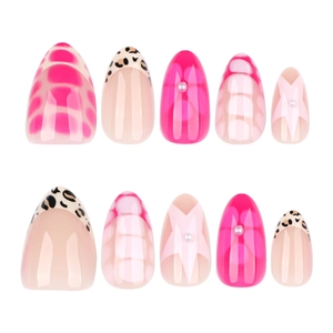 Short almond press-on nails with rose red waves, leopard tips, and pearl accents