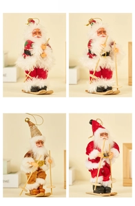 Detailed comparison of four Santa skiing ornaments with wooden skis and varied outfits