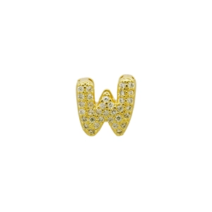 Macro detail of gold-plated letter W pendant encrusted with sparkling cubic zirconia