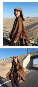 Outdoor desert shot of brown striped knit shawl with fringe and hood details