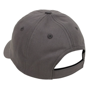 Rear view of dark grey cotton baseball cap showing adjustable velcro strap and stitching