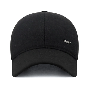 Men's winter thick baseball cap with ear flaps and silver SPORT metal badge in black