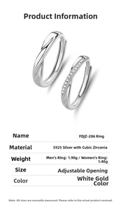 Detailed specs for S925 silver Mobius rings with CZ inlay and adjustable open band