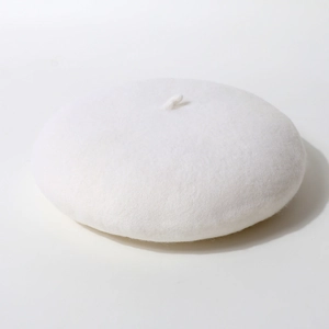 Detailopname van witte wollen baret met klassieke kleine steel op een witte achtergrond