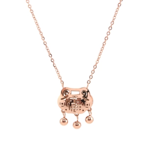 Rose gold stainless steel pig longevity lock necklace with Fu character and small bells