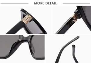 Macro detail of cat eye sunglasses showing rhinestone hinges and integrated nose pads