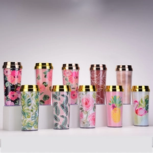 Variety of 16oz double-layer acrylic coffee tumblers with floral and flamingo patterns