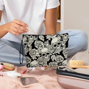 Trousse de maquillage gothique avec imprimé crâne et fermeture éclair pour voyage