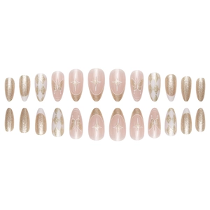 Faux ongles amande style français avec paillettes dorées et motifs papillon sur nude