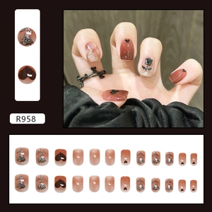 Deep burgundy gradient press-on nails with glitter rose and black heart patterns R958