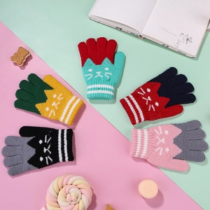 Thick knit children's winter gloves featuring cute cat patterns and striped cuffs