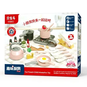 Kids play kitchen set with pink cookware, simulated food, lights and sound effects