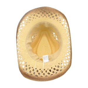 Detail of hollow straw hat interior featuring 100% paper material label and sweatband