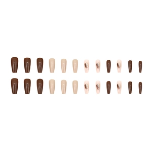 Coffee brown press-on nails set with marble texture and glitter in 24 pieces pack
