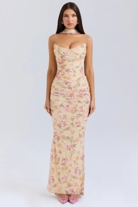 Détails de la robe bustier à fleurs avec foulard assorti et tissu en maille légère