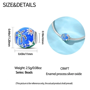 Detailed size chart for blue tropical island beads with dimensions and enamel silver craft