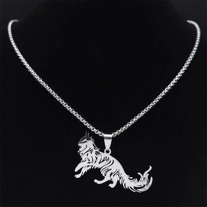 Polished stainless steel necklace featuring a silhouette cat pendant on a cross chain