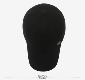 Top view of a thick black winter baseball cap showing the classic six-panel structure