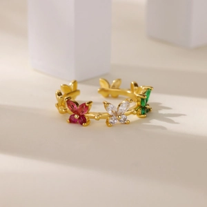 Elegant gold-plated open ring featuring colorful zircon butterfly and floral motifs