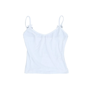 Detailed view of white V-neck camisole featuring delicate shoulder strap bow knots