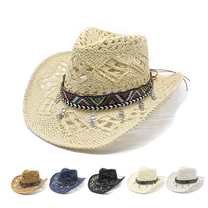 Women Western Cowboy Paper Straw Hat Hollow Out Crochet Sun Hat Beach Vacation Ethnic Style Metal Heart Charms
