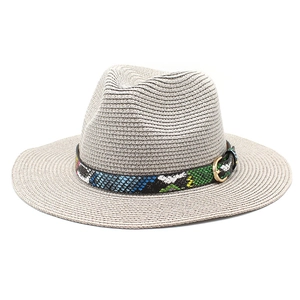 Classic wide brim straw fedora hat with unique snakeskin pattern band and gold buckle