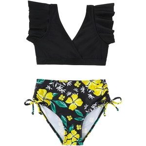 Costume da bagno due pezzi bimba con maniche a volant e slip floreale a vita alta