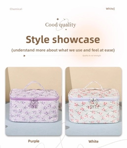 Detailed view of floral makeup bags in purple and white with star-shaped metal zippers